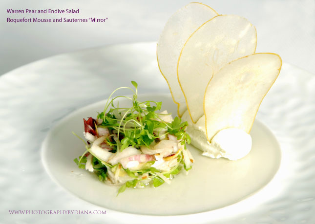 ** This photograph is copyrighted and protected, visit www.photographybydiana.com for more information  **    photo of: Terrance Brennan Warren Pear and Endive Salad Roquefort Mousse and Sauternes Mirror 