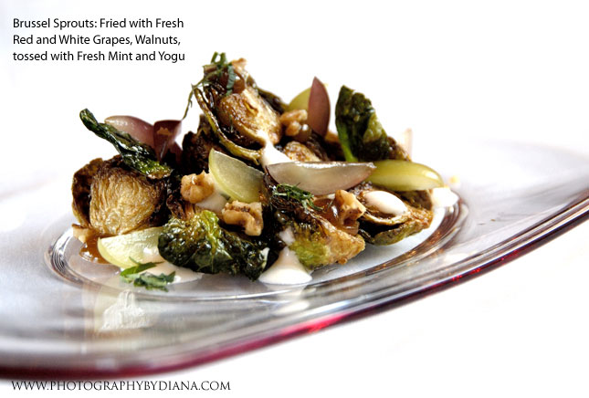 ** This photograph is copyrighted and protected, visit www.photographybydiana.com for more information  **    photo of Philippe Massoud: Brussel Sprouts: Fried with Fresh Red and White Grapes, Walnuts, tossed with Fresh Mint and Yogu  