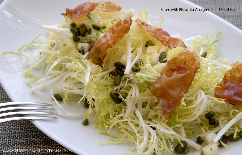 ** This photograph is copyrighted and protected, visit www.photographybydiana.com for more information  **    photo of: Frisee with Pistachio Vinaigrette and Fried Ham
