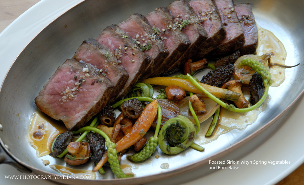 ** This photograph is copyrighted and protected, visit www.photographybydiana.com for more information  **    photo of: Roasted Sirloin with Spring Vegetables and Bordelaise