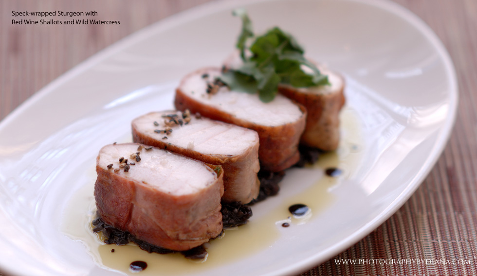 ** This photograph is copyrighted and protected, visit www.photographybydiana.com for more information  **    photo of: Speck-wrapped Sturgeon with Red Wine Shallots and Wild Watercress